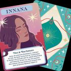"Karte mit Texten: 'INNANA', 'Mut & Wachstum'. Illustration einer Frau mit geschlossenen Augen und Sternen. Rückseite mit geometrischem Design."