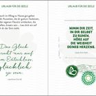 „Urlaub für die Seele“. Links: „Das Glück beruht nur auf dem Entschluss, glücklich zu sein.“ - Laurence Durrell. Rechts: „Nimm dir Zeit, in dir selbst zu ruhen. Höre auf die Weisheit deines Herzens.“ - Carol Ann Hierl. Im Hintergrund sind dezente florale Muster zu erkennen.