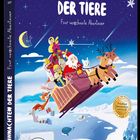 "Weihnachten der Tiere: Fünf verschneite Abenteuer". Illustration: Tiere auf einem Schlitten im Nachthimmel.