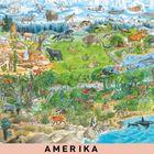 Eine Illustration mit einer Vielzahl von Tieren und Pflanzen aus Amerika, nummeriert und benannt. Unten steht „AMERIKA“.