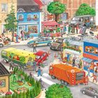 Eine bunte Straßenszene voller Menschen bei verschiedenen Aktivitäten, mit Autos, einem Gemüsestand und Arbeitern.