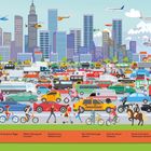 Texte: "Wie viele Fahrradfahrer zählst du? Finde den grünen Bagger. Welches Fahrzeug passt nicht dazu?" Illustration einer geschäftigen Stadt.