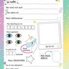 Text: „DIESES ALBUM GEHÖRT MIR! Ich heiße: Man nennt mich auch: Hier wohne ich: Meine Telefonnummer: Mein Geburtstag ist am: Meine Augenfarbe: So groß bin ich: Meine Haarfarbe: Meine LIEBLINGSFARBE: Das ist mein Lieblingsfach: Mein größtes Hobby: Das wünsche ich dir: MEIN FINGERABDRUCK.“

Illustration: Einhorn, Regenbogen, Sterne, Mond, Herz, Tortenstück, Lutscher, Sonne.