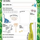 Textfelder zum Ausfüllen in einem kindgerechten Album. Bunte Dinosaurier und Blattformen als Gestaltungselemente.