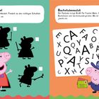 Linke Seite: "Schattenspiel" zeigt Peppa mit Zauberstab und drei Schattenfiguren. Rechts: "Buchstabensalat" hat verstreute Buchstaben.