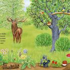 Im Wald leben viele Tiere. Ein Hirsch steht bei Bäumen. Vögel sitzen auf Ästen, Insekten und Pflanzen am Boden. Rechts Fragen zu Tieren.