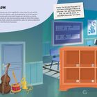 "Im Musikraum", "Der Raumplan": 
Cello über Trompete, Triangel links vom Cello, Flöte zwischen Instrumenten.

Musikraum mit Instrumenten und Schrank.