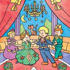 Eine Illustration zeigt Kinder in festlichen Kostümen, die in einem Raum mit Vorhängen und Kronleuchter tanzen. Draußen ist Nacht mit Mond und Sternen.