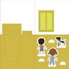 Zwei Kinder und ein Hund als ausgeschnittene Figuren. Gelbes Fenster, einfache Formen und Farben.