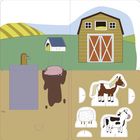 Illustration eines Bauernhofs mit Scheune, Schwein im Schlamm, Wasserhahn, und ausschneidbaren Tieren: Pferd, Schaf, Kuh.