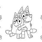 Zwei cartoonhafte Hunde umarmen sich, umgeben von kleinen Blumen.