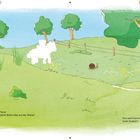 "So viele Tiere! Wen entdeckt Bobo alles auf der Wiese? Von wem kommt das laute Quaken?" Illustration einer Wiese mit Tieren.