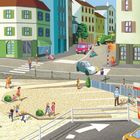 Texte: "Welches Fahrzeug hält am Zebrastreifen?", "Welches Fahrzeug kehrt die Straße?", "Wer muss tanken?"  
Szene einer Stadtstraße mit Fahrzeugen, Passanten und Ampeln.