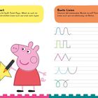 Links oben: "Peppa zeichnet". Rechts oben: "Bunte Linien". Bild zeigt eine rosa Figur, die Sterne zeichnet.
