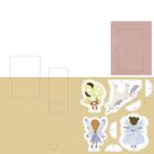 Oben: leere weiße Fläche. Unten: Feenfigurinen und ein Einhorn als Illustrationen auf beigem Hintergrund.