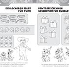 Ein Rezept für Salat mit Illustrationen von Zutaten und Hunden. Aufgaben zum Zählen von Geschenken für ein Spiel.