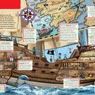 Das Bild zeigt ein Piratenschiff im Querschnitt. Textfelder erklären Kompass, Seekarte, Kapitänskajüte, Kombüse und mehr.
