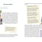 Große Überschrift: "Kamera läuft!" Text über James' Projekte, Gedichte und das Lied "Lied der Hunde an den Mond". Links eine alte Kamera, rechts zwei Hunde.