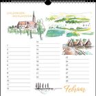 Text: "Uhldingen-Mühlhofen", "Februar". Kalendergrafik mit Kirche und Pfahlbauten als Aquarellillustrationen.