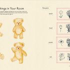 "Common Things in Your Room", "Flowers: Daisy, Tulip, Poppy, Lily". Zeichnungen von Teddybären und Blumen.