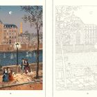 Seite 10. Links: Gemälde einer abendlichen Flussszene mit Menschen. Rechts: Konturenzeichnung derselben Szene.