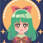 Illustration eines Mädchens mit grünen Haaren, brauner Uniform und Schleife vor einem großen Mond, umgeben von kleinen Sternen.