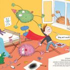 Text: "Weg mit euch!" und "Ich konnte ja noch nicht los, sonst hätten die Party-Trolle ein riesiges Durcheinander in meinem Zimmer angerichtet. Und wer hätte dann das Zimmer aufräumen müssen? Richtig: Papa! Er hat echt Glück, dass Super-Tino sie rausgeworfen hat."

Bunte Illustration mit einem Kind im Superhelden-Outfit, das Trolle aus einem chaotischen Zimmer vertreibt.