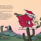 Text im Bild: 
Der Weihnachtsmann sitzt im Schlitten, gezogen von einem Rentier über einen Kaktuswald. Illustration im Wilden Westen.