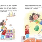 Pippa versucht auf das Regal zu klettern. Schließlich erreicht sie das Glas, doch der Turm bricht zusammen. Illustration zeigt ihre Helfer.