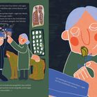 Links spricht eine Frau zu einem Mann mit Blumen auf dem Kopf. Rechts hält sie glücklich eine kleine Rose.