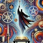 "I - DER MAGIER" steht unter einer Illustration eines Magiers mit einem Stab, umgeben von Sternen und mystischen Symbolen.