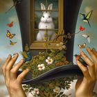 "I · Der Magier" zeigt einen Hasen im Zylinder mit Blumen und Vögeln, gehalten von Händen.