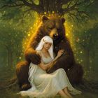 Text: Bär & Eiche, Sicherheit · Innehalten · Stabilität. Illustration: Frau in weißem Kleid sitzt beim Bären unter Eiche.