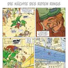 "Die Nächte des Roten Rings" in grauer Schrift. Szenen mit Maskierten, Gewalt, einer Menschenmenge und einem verzweifelten Mann.