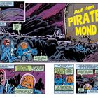 Eine Illustration im Comic-Stil zeigt zwei Astronauten auf einem felsenbedeckten Mond. Große Schrift: "Auf dem PIRATENMOND".