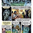 Eine gruselige Comic-Seite mit Sprechblasen. Skelette steigen aus Gräbern. Figuren diskutieren Geistergeschichten.