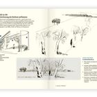 Titel: Von 2D zu 3D: Die Zeichnung als Kulisse aufbauen. Zeichnung von Bäumen und Spaziergängern, skizzenhaft.