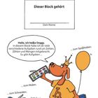 "Dieser Block gehört: Dein Name. Hallo, ich heiße Doggy." Zeichnung eines Hundes mit Krone, Malutensilien und Ballon.