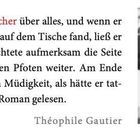 Text von Théophile Gautier über Don Pierrot, der Bücher liebt. Daneben schläft eine Katze auf einem geöffneten Buch.