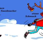 Ein Hase trägt "einen Nussknacker" und ein Elch mit "etwas Schmuck" am Geweih. Beide laufen fröhlich durch den Schnee.