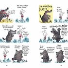 Comic mit einem Wolf und einem Hasen. Dialoge wie: "MAN DARF ERWACHSENE NICHT ANLÜGEN!" und "ICH BIN DER GROSSE BÖSE WOLF."