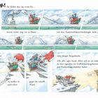Texte: "KRAAAR!", "Sie flohen über das weite Eis...", "endlich...", "WUMP!", "Sarah", "Louis". Illustration zeigt eine Verfolgung auf Eis.