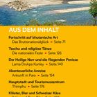 Titel: "AUS DEM INHALT." Themen: bhutanische Kultur, Tänze, Reisen, Klöster, Trekking. Hintergrund: Gebäude vor Bergen.