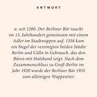 Text: Antwort über die Historie des Berliner Bären als Wappentier seit 1280, vollständiger Übergang 1935. Elegante Schrift.