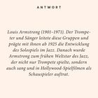 "A N T W O R T" über einem Text zu Louis Armstrongs Einfluss im Jazz ab 1925, als Trompeter, Sänger und Hollywood-Schauspieler.