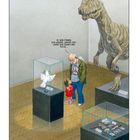 Ein Mann sagt: "Es war einmal vor langer, langer Zeit, lange vor Trump und Putin..." Titel: "FRIEDENSMÄRCHEN". Ein Dinosaurier steht im Raum.