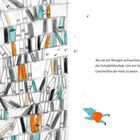 Text: "Als sie am Morgen aufwachte, wollte sie in die Schulbibliothek. Um ein bisschen was zur Geschichte der Haie zu lesen."  
Links sind viele Regale mit bunten Büchern, rechts taucht ein kleines Tier im blauen Anzug.