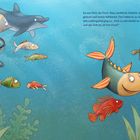 Text über einen Fisch namens Ferri, der fröhlich und hilfsbereit ist. Illustration von fröhlichen Fischen und Meeresbewohnern.