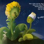 Zu lesen: "Hier stehe ich bei Tag und bei Nacht... Leo ist ein Löwenzahn." und "Du siehst aus wie die Sonne!". Illustration: zwei fröhliche Pflanzen.