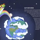Titel: Auf der Erde. Text handelt von der Rückkehr zur Erde. Illustration: Tiere in einem Papierboot auf Regenbogen Richtung Erde.